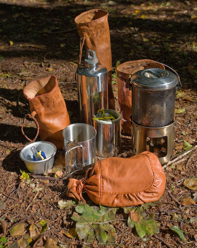 A selection of leather bags for storing and carrying equipment. -   Gary Waidson - Ravenlore Bushcraft and Wilderness skills.