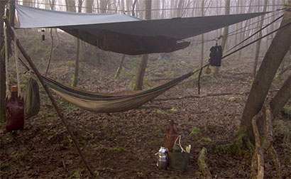 A tarp rigged on the diagonal to shelter a hammock, my usual bushcraft arrangement. -  2017 - Gary Waidson - Ravenlore