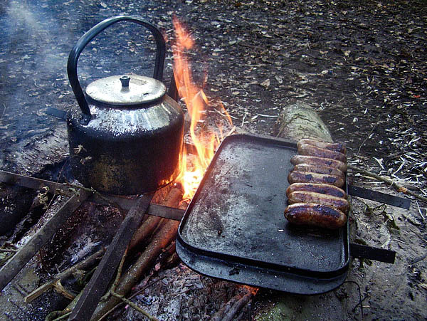 fire bars supporting a kettle and a griddle. -   Gary Waidson - Ravenlore Bushcraft and Wilderness skills.